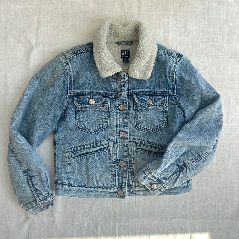 Gap Kids Sherpa Lined Denim Icon Jacket Light Wash Blue Size L 10-11 413974-00